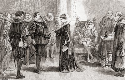 Una escena de la obra de William Shakespeare Bien Está lo que Bien Acaba, Acto II, Escena 3, Helena a Bertram: Este es el hombre, de Las Obras de William Shakespeare, publicado 1896 de Gordon Frederick Browne